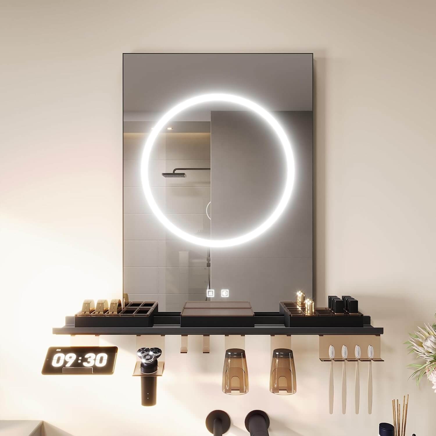 SONNI Badezimmerspiegel mit Beleuchtung 50x70 cm, LED Badspiegel mit Ablage, 3 einstellbare Lichtfarbe + Anti-Beschlag + Touchschalter, Ablage mit Handyhalter + Haken + Zahnbürstenhalter