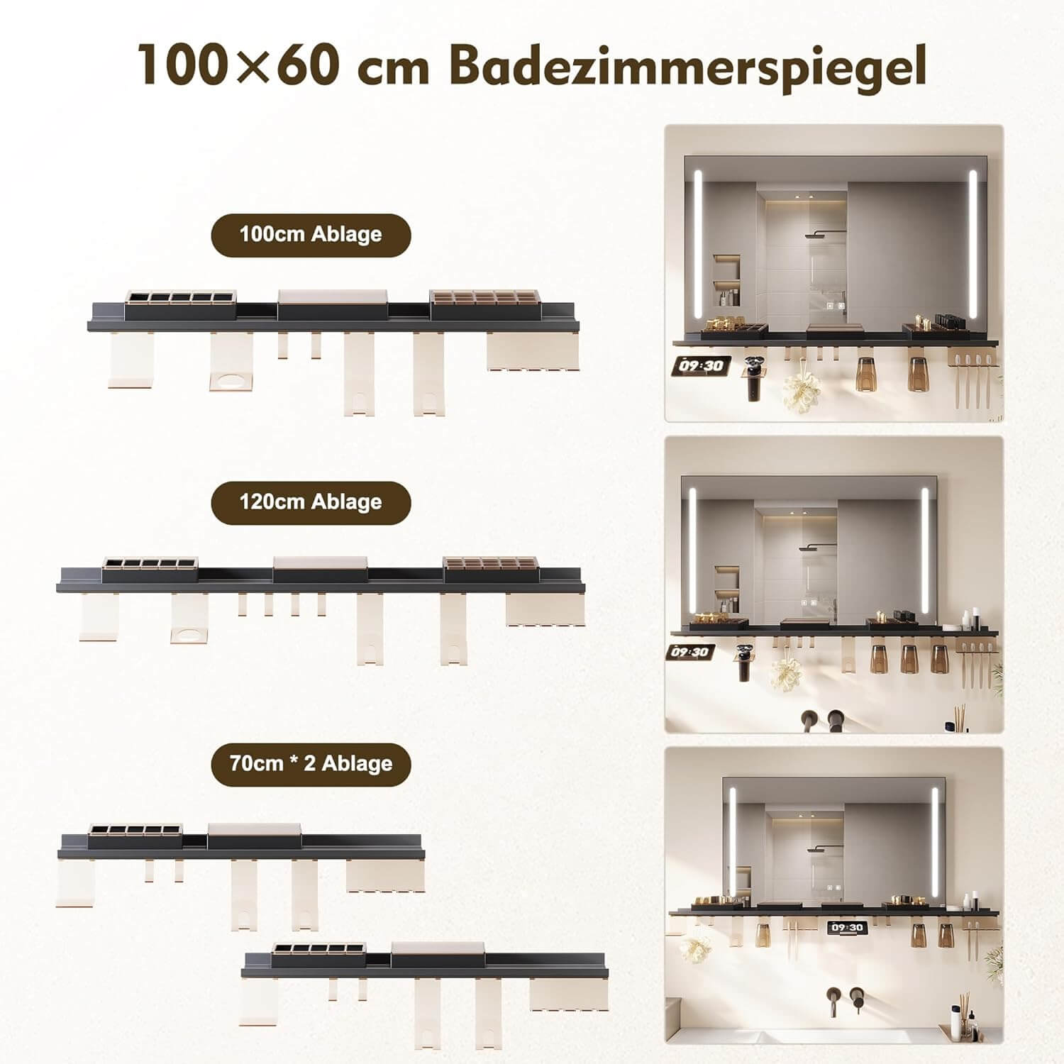 SONNI Badezimmerspiegel mit Beleuchtung 100x60 cm, LED Badspiegel mit Ablage, 3 einstellbare Lichtfarbe, Anti-Beschlag Wandspiegel mit Touchschalter