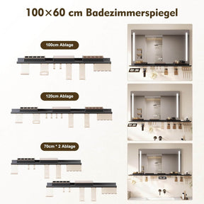 SONNI Badezimmerspiegel mit Beleuchtung 100x60 cm, LED Badspiegel mit Ablage, 3 einstellbare Lichtfarbe, Anti-Beschlag Wandspiegel mit Touchschalter