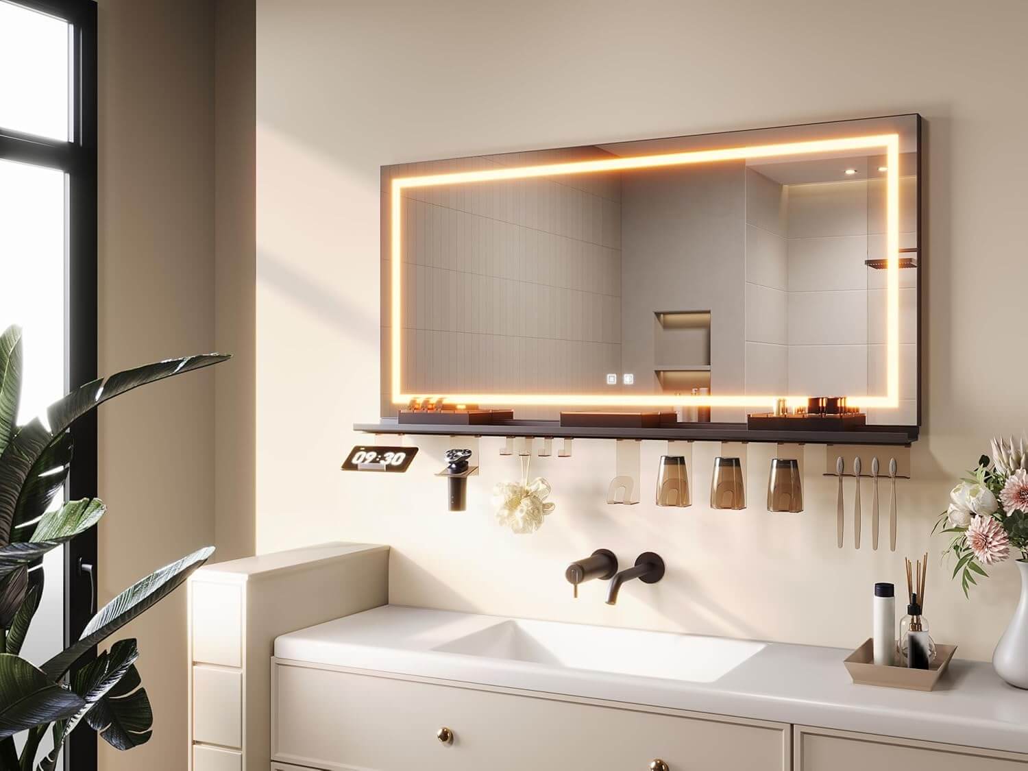 SONNI LED Badspiegel 120x60cm + Ablage, Touch Spiegel mit Beleuchtung, 3 Lichtfarben, Anti-Beschlag & Memory, Ablage mit Handyhalter + Haken + Zahnbürstenhalter + Becherhalter