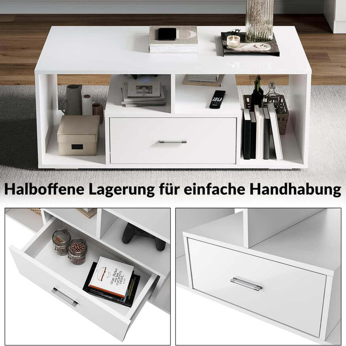 SONNI Couchtisch Hochglanzfront mit LED-Leuchten in 12-Farben und Ablagefach