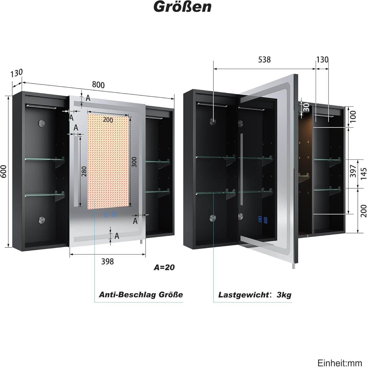 SONNI Spiegelschrank Bad mit Beleuchtung und Lagerung 80x60 cm, LED Spiegelschrank mit Steckdose, Dimmbar, 3 Einstellbare Lichtfarben Beschlagfrei Badezimmer Wandschrank, Medizinschrank Mattschwarz