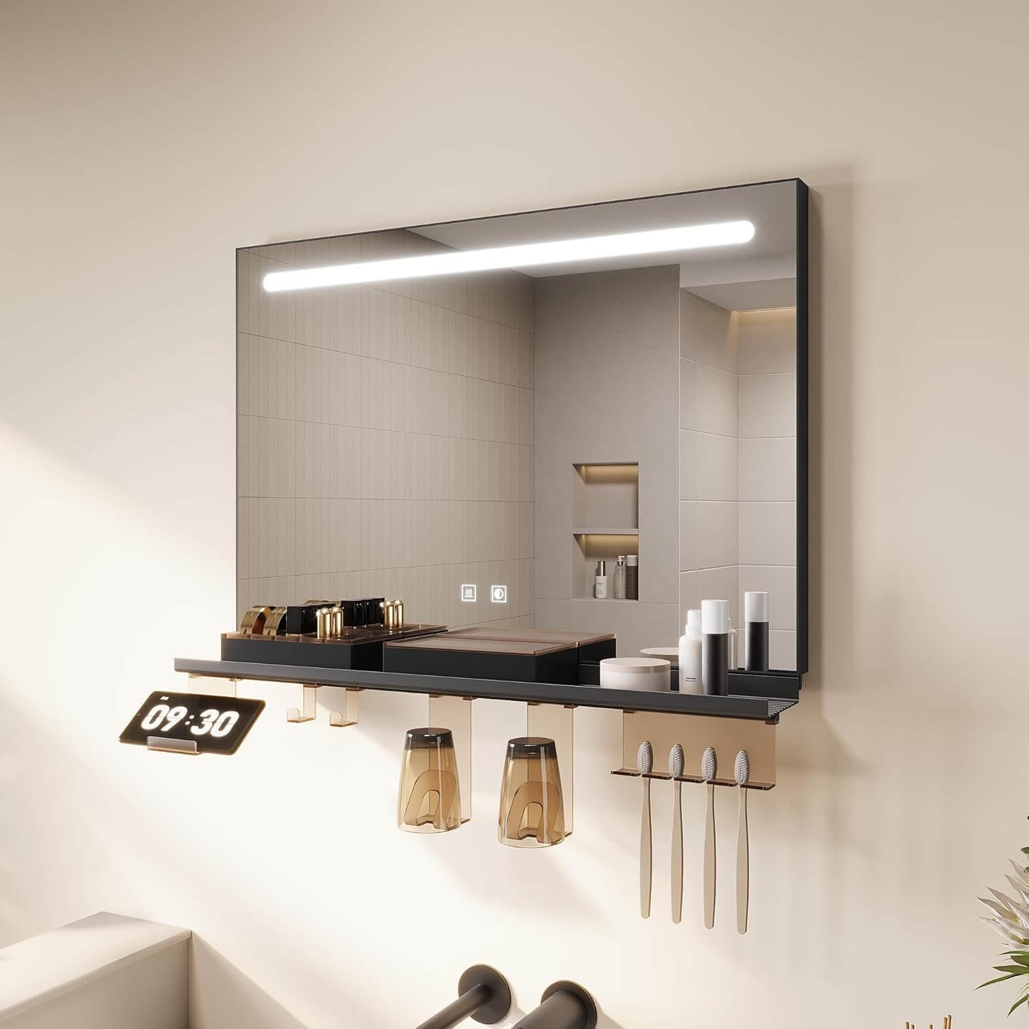 SONNI Badezimmerspiegel mit Beleuchtung 70x50 cm, LED Badspiegel mit Ablage, 3 einstellbare Lichtfarbe, Anti-Beschlag Wandspiegel mit Touchschalter