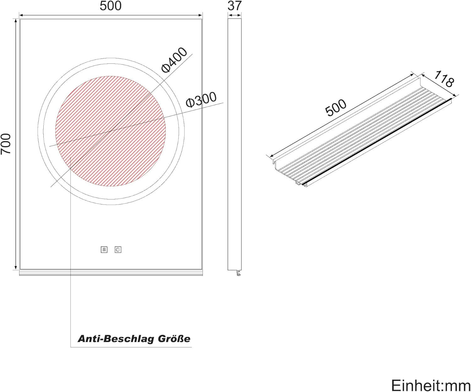 SONNI Badezimmerspiegel mit Beleuchtung 50x70 cm, LED Badspiegel mit Ablage, 3 einstellbare Lichtfarbe + Anti-Beschlag + Touchschalter, Ablage mit Handyhalter + Haken + Zahnbürstenhalter