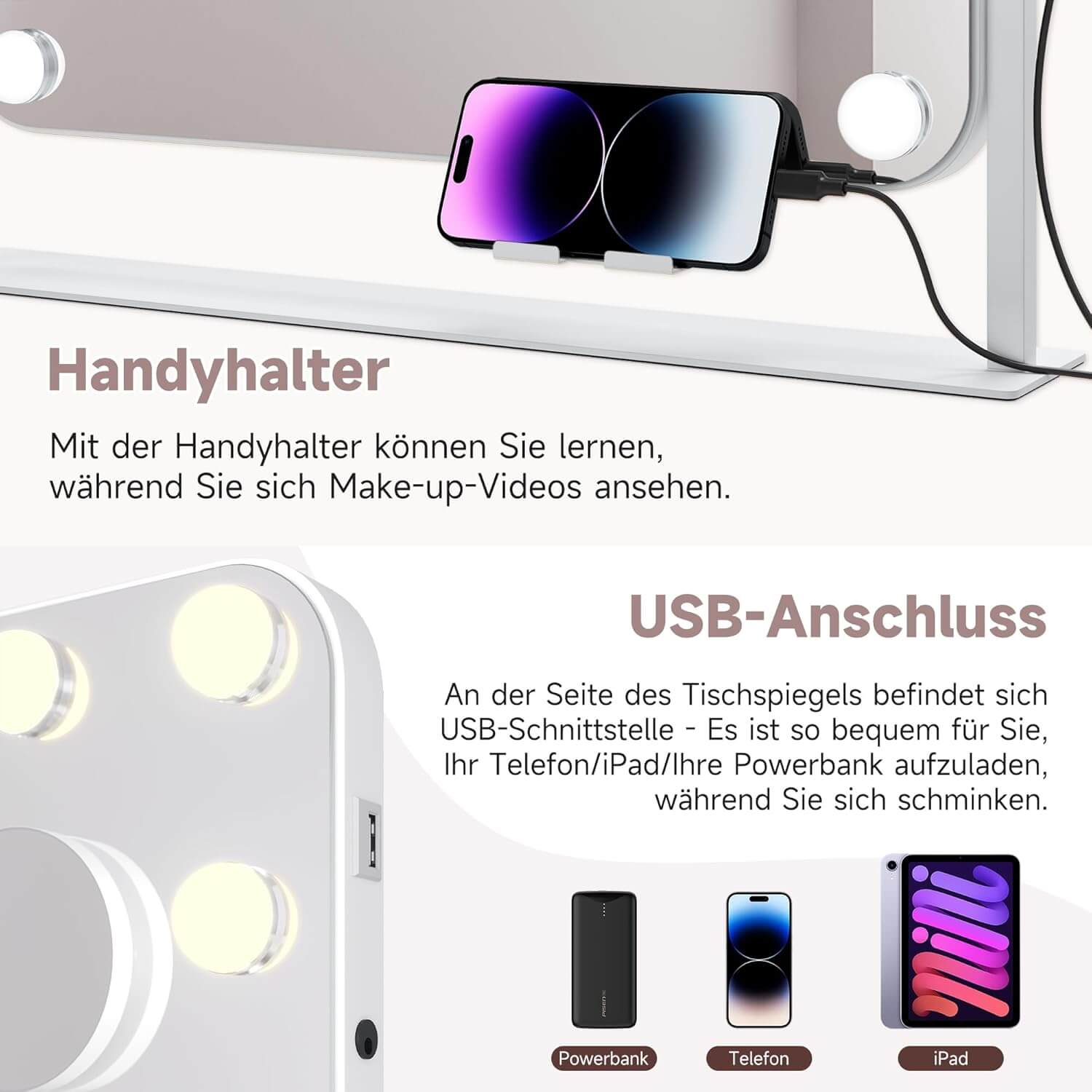 SONNI  Hollywood Schminkspiegel, 360°drehbarer Schminktisch Spiegel mit 3 Lichtmodi und 14 Licht Dimmbar, mit Handyhalter und USB, 10X Vergrößerung, Smart Touch Steuerung 50x40cm - Sonni Sanitär GmbH
