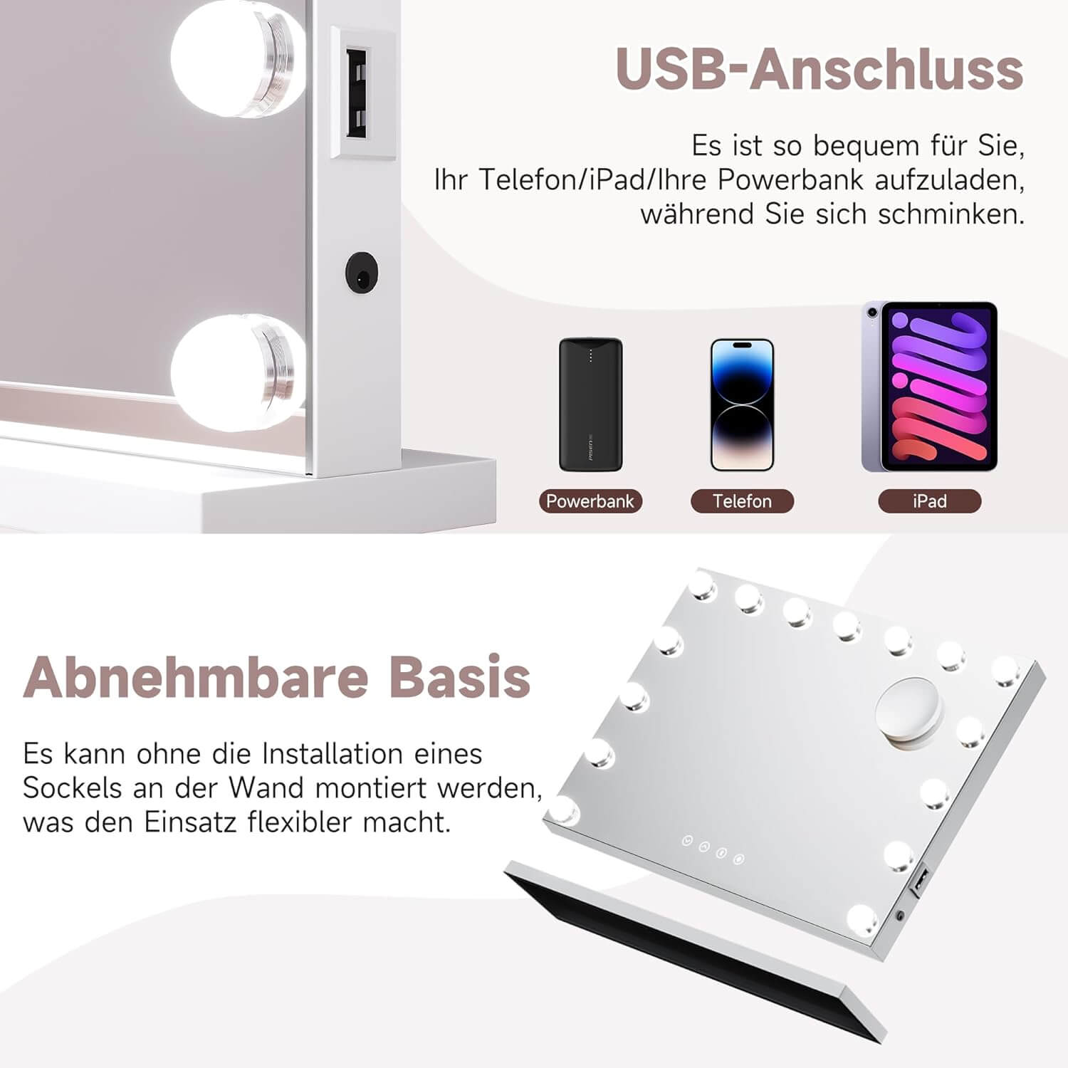 SONNI  Schminkspiegel 58x43cm, Hollywood Spiegel mit Beleuchtung, 3 Lichtmodi, mit USB und Bluetooth, Kosmetikspiegel mit 10X Abnehmbare Lupe, Wandspiegel, Tischspiegel, Weiß - Sonni Sanitär GmbH