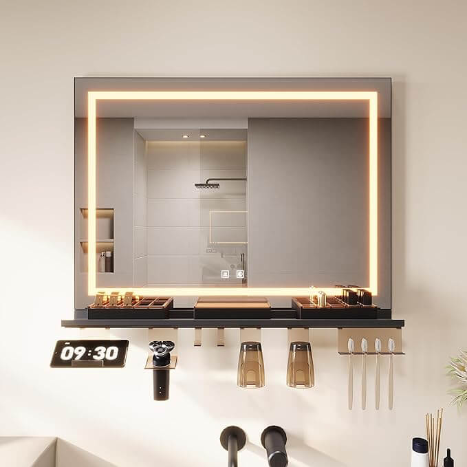 SONNI Badspiegel mit Beleuchtung & Ablage, Touch Badezimmerspiegel 3 Lichtfarben, Anti-Beschlag & Gedächtnisfunktion
