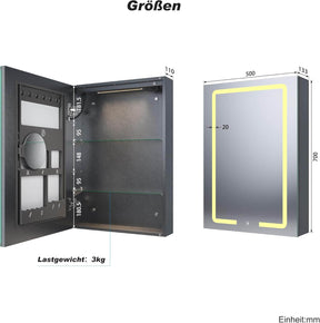 SONNI LED Spiegelschrank mit Kosmetik-Organizer 50x70 cm, Steckdose & 3-fache Vergrößerungsspiegel, 3 Lichtfarben, Dimmbar - Dunkelgrau - Sonni Sanitär GmbH