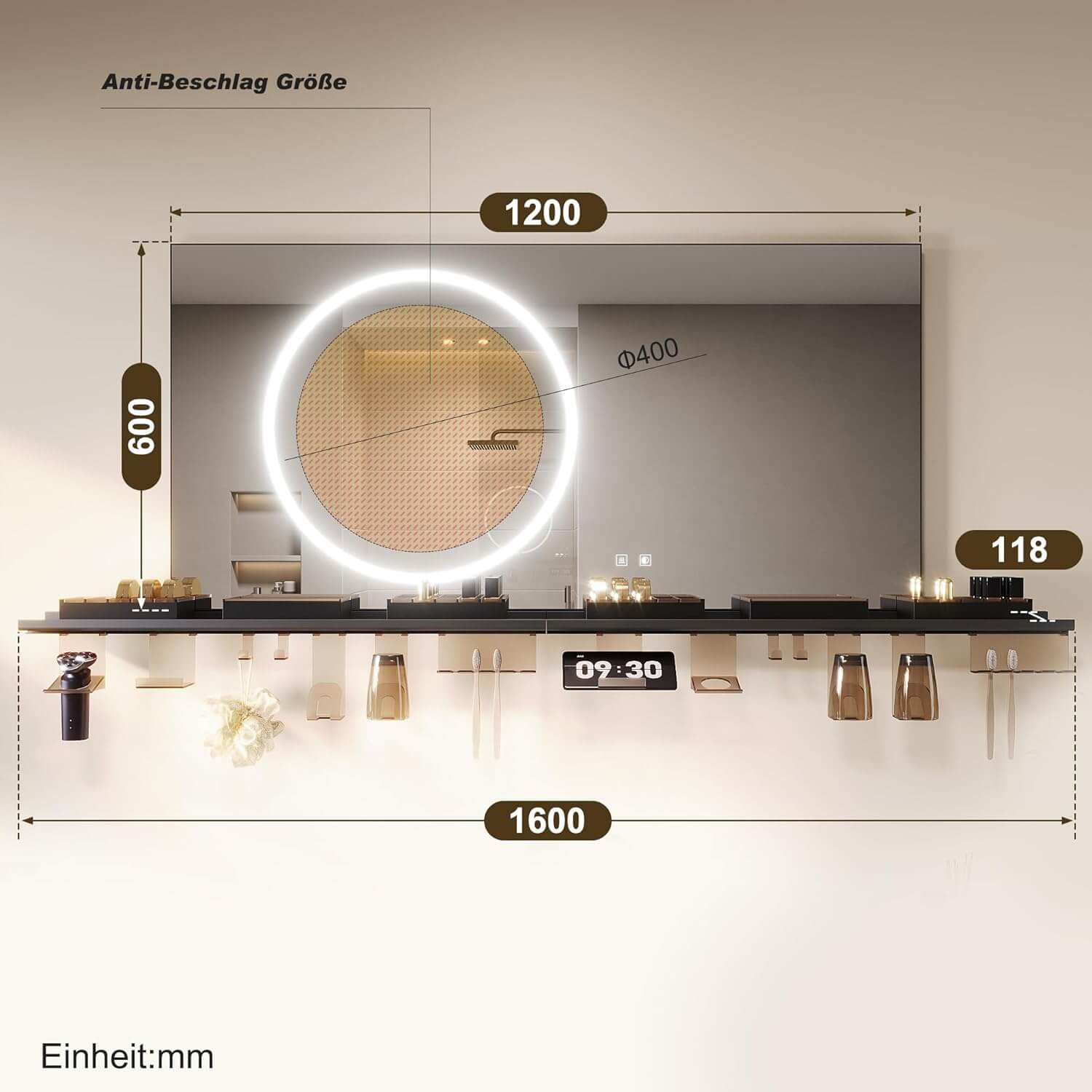 SONNI Badezimmerspiegel mit Beleuchtung 120x60 cm, LED Badspiegel mit Ablage, 3 einstellbare Lichtfarbe + Anti-Beschlag + Touchschalter, Ablage mit Handyhalter + Haken + Zahnbürstenhalte