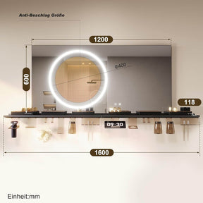 SONNI Badezimmerspiegel mit Beleuchtung 120x60 cm, LED Badspiegel mit Ablage, 3 einstellbare Lichtfarbe + Anti-Beschlag + Touchschalter, Ablage mit Handyhalter + Haken + Zahnbürstenhalte