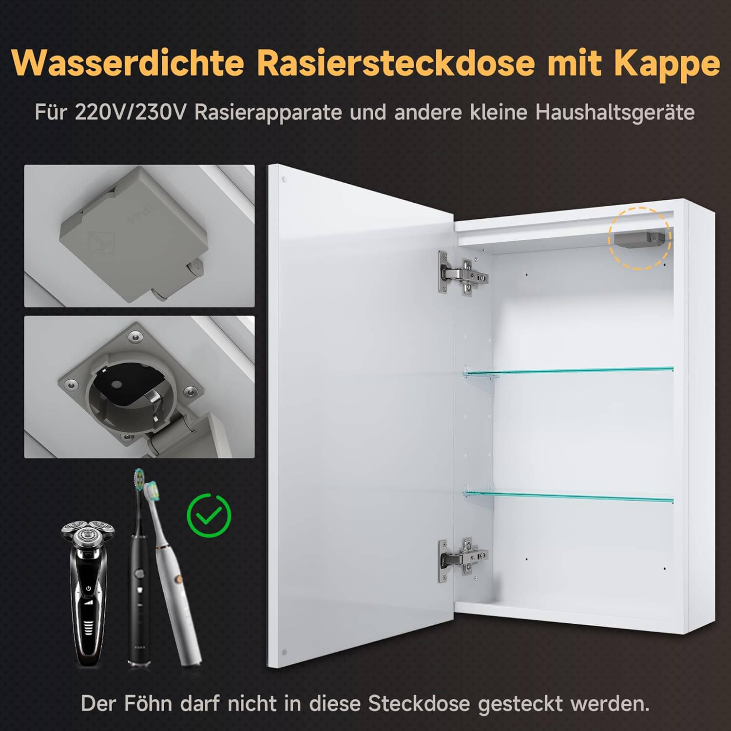 SONNI Spiegelschrank Bad mit Beleuchtung, 3 Lichtfarbe Einstellbar und Beschlagfrei LED Badezimmerschrank mit Kabelloses Scharnier Design Medizinschrank - Sonni Sanitär GmbH