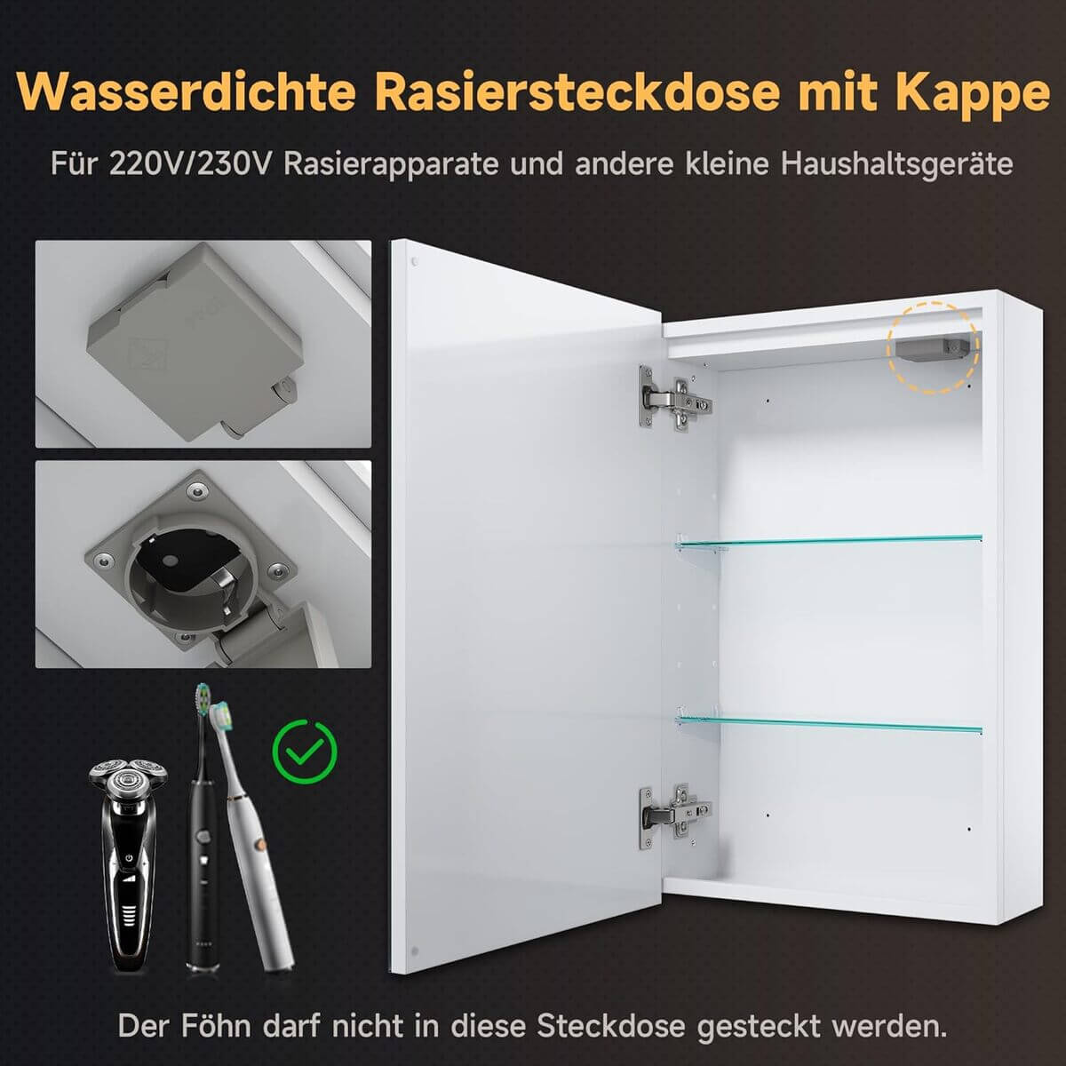 SONNI Spiegelschrank Bad mit Beleuchtung, 3 Lichtfarbe Einstellbar und Beschlagfrei LED Badezimmerschrank mit Kabelloses Scharnier Design Medizinschrank - Sonni Sanitär GmbH