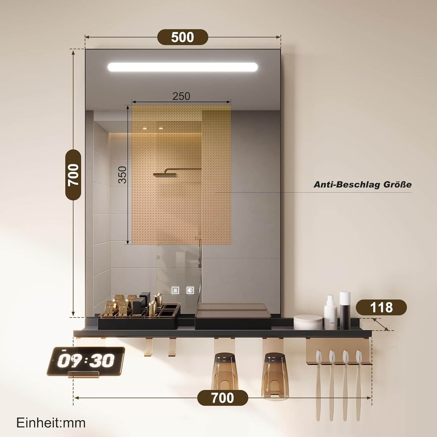 SONNI Badezimmerspiegel mit Beleuchtung 50x70 cm, LED Badspiegel mit Ablag, 3 einstellbare Lichtfarbe, Anti-Beschlag Wandspiegel mit Touchschalter