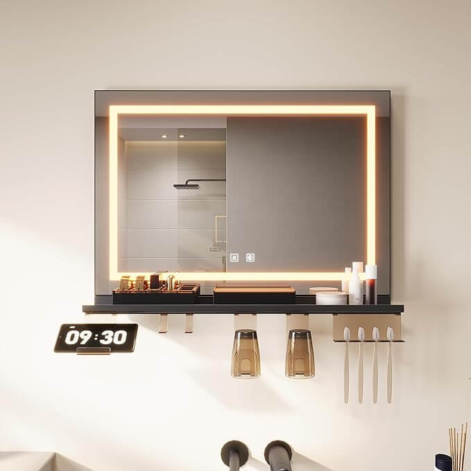 SONNI Badspiegel mit Beleuchtung 70x50cm + Ablage, Touch Badezimmerspiegel 3 Lichtfarben, Anti-Beschlag & Gedächtnisfunktion