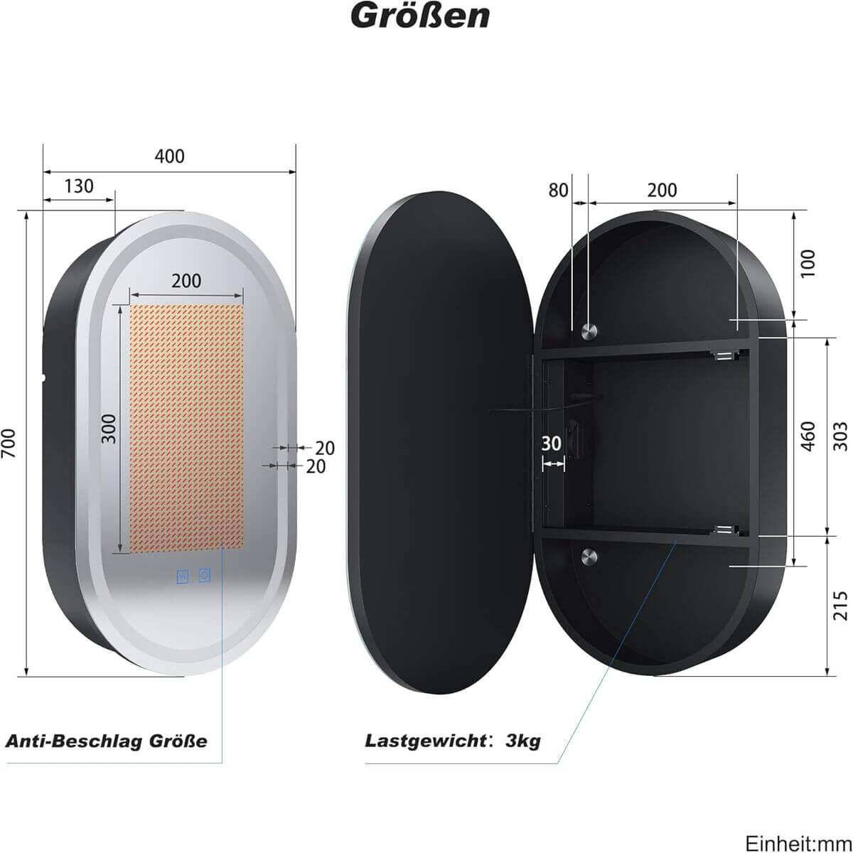 SONNI Spiegelschrank Bad mit Beleuchtung und Steckdose LED Spiegelschrank mit Touch-Schalter, Dimmbar, 3 Einstellbare Lichtfarben Beschlagfrei Oval Badezimmer Wandschrank, 40x70 cm Mattschwarz