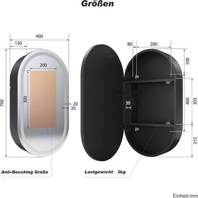 SONNI Spiegelschrank Bad mit Beleuchtung und Steckdose LED Spiegelschrank mit Touch-Schalter, Dimmbar, 3 Einstellbare Lichtfarben Beschlagfrei Oval Badezimmer Wandschrank, 40x70 cm Mattschwarz