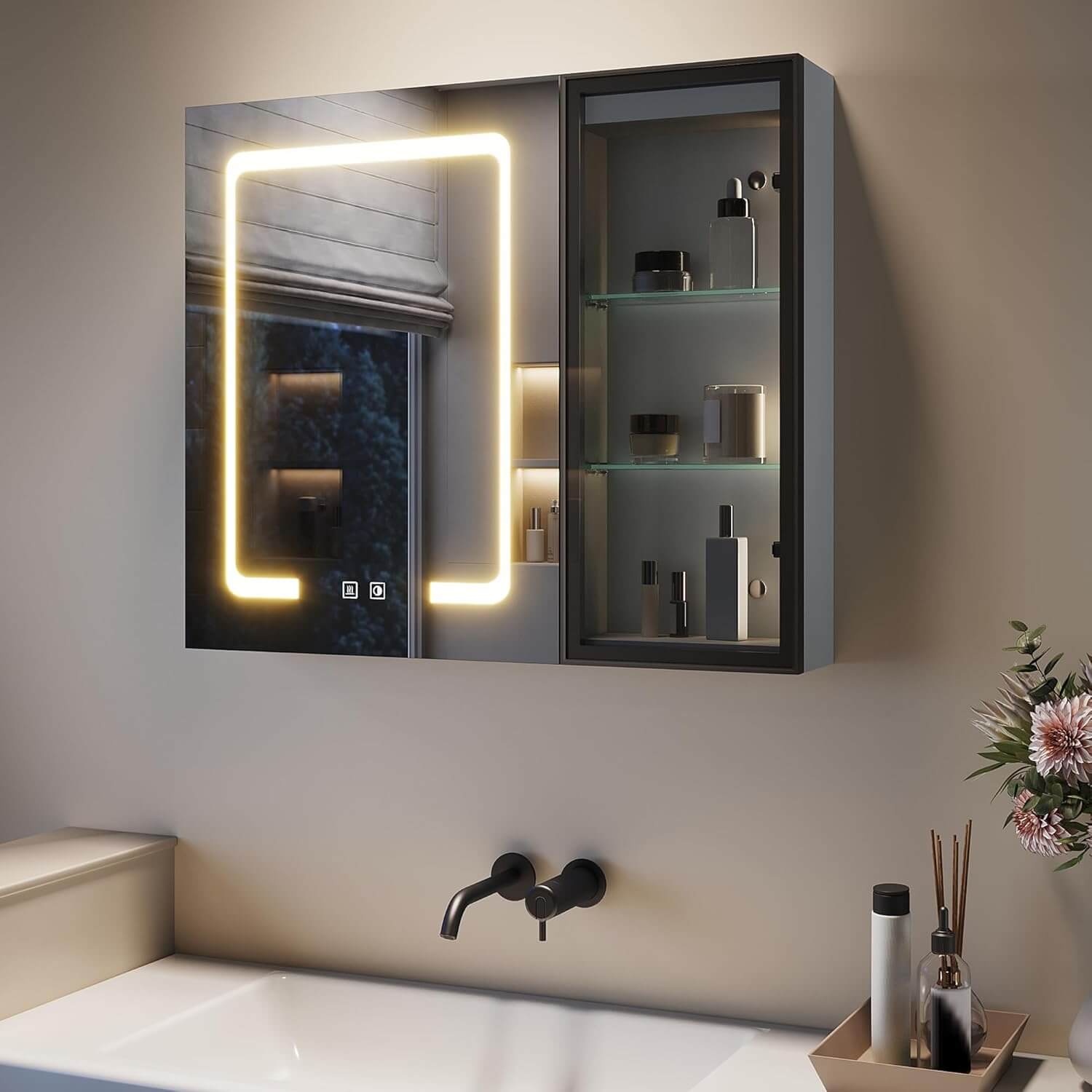 SONNI Spiegelschrank Bad mit Beleuchtung LED Spiegelschrank mit Glasvitrine und Ambientebeleuchtung, Glasboden, Anti-Beschlag, Steckdose, 3 Lichtfarben, Dimmbar, Vollständig Montiert - Sonni Sanitär GmbH