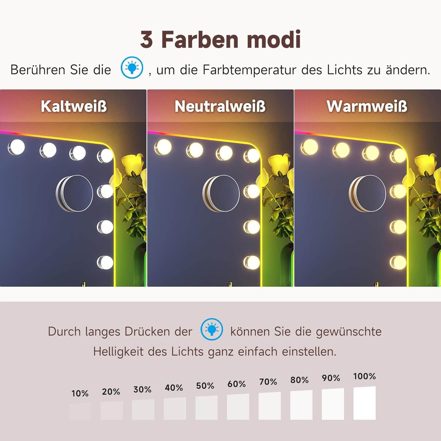 SONNI 58x43cm Hollywood Spiegel mit RGB Beleuchtung Schminkspiegel mit 3 Farbtemperatur Licht und 10X Abnehmbare Lupe, Bluetooth, Wandmontiert oder Freistehend - Sonni Sanitär GmbH