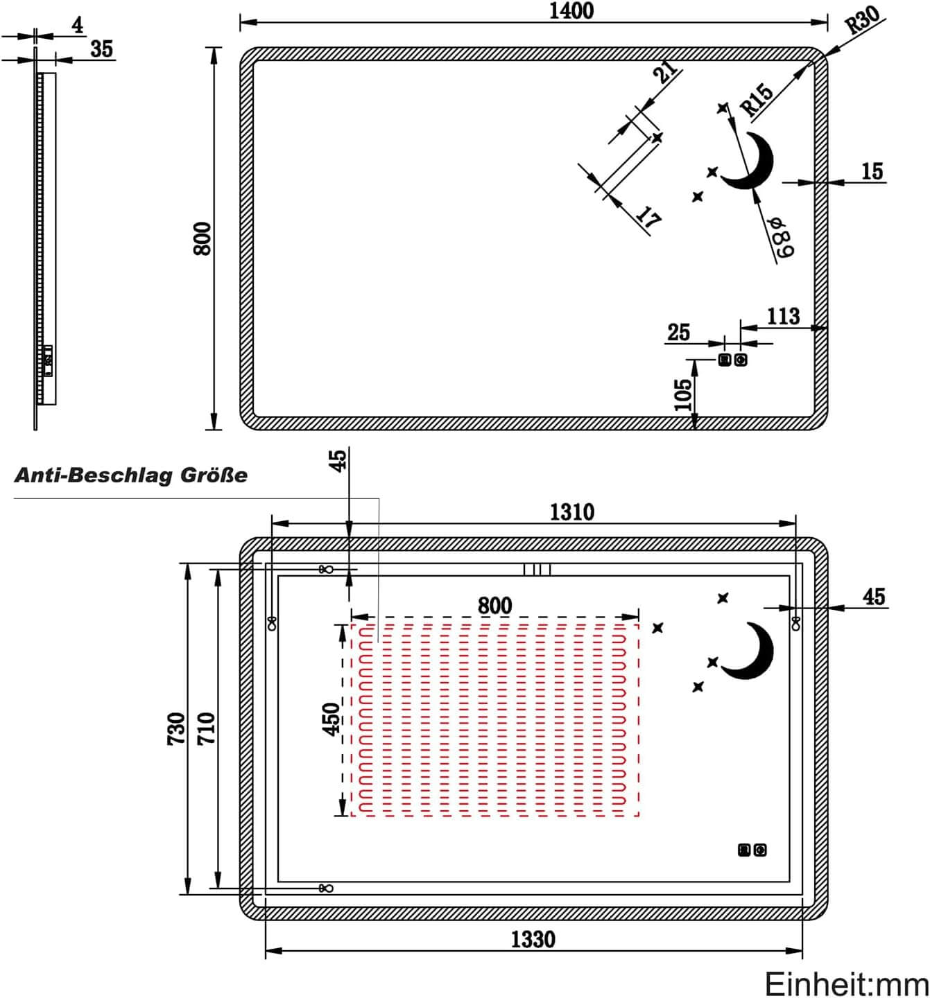 SONNI Badezimmer Spiegel mit Beleuchtung Wandspiegel, Kosmetikspiegel mit modernes Muster, 3 Farbe einstellbar, Steckdose und Antibeschlag, horizontal oder vertikal montierbar - Sonni Sanitär GmbH
