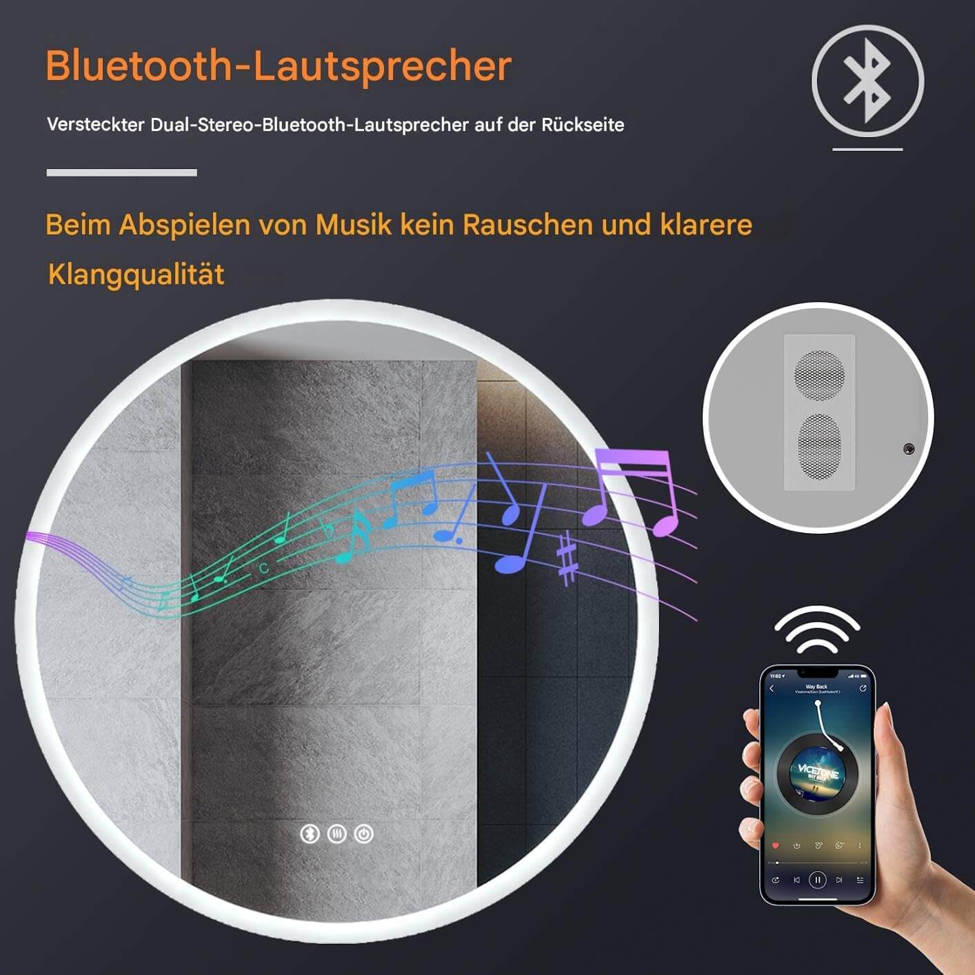 SONNI Badspiegel Runder mit Bluetooth Wandspiegel mit Beleuchtung, Spiegel Bad mit 3 einstellbare Farbtemperaturen und Anti-Beschlag, Kosmetikspiegel Rund - Sonni Sanitär GmbH