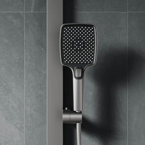 SONNI Duschsystem mit Thermostat (KTW/WRAS) Anthrazit Matt - Digital Temperaturanzeige, 360° Drehbarer Eckiger Kopfbrause (1 Strahlart), Handbrause (3 Strahlarten), Brausestange aus Vierkantrohr, 38°C
