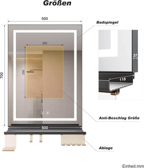 SONNI Badspiegel mit Beleuchtung 50x70cm mit Ablage, Touch Badezimmerspiegel 3 Lichtfarben, Anti-Beschlag & Gedächtnisfunktion