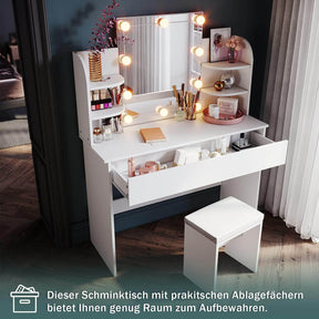 SONNI Schminktisch mit Spiegel und Hocker,4 Ablagen Frisiertisch mit Led Beleuchtung Schubladen 108 x 40 x 140 cm Weiß