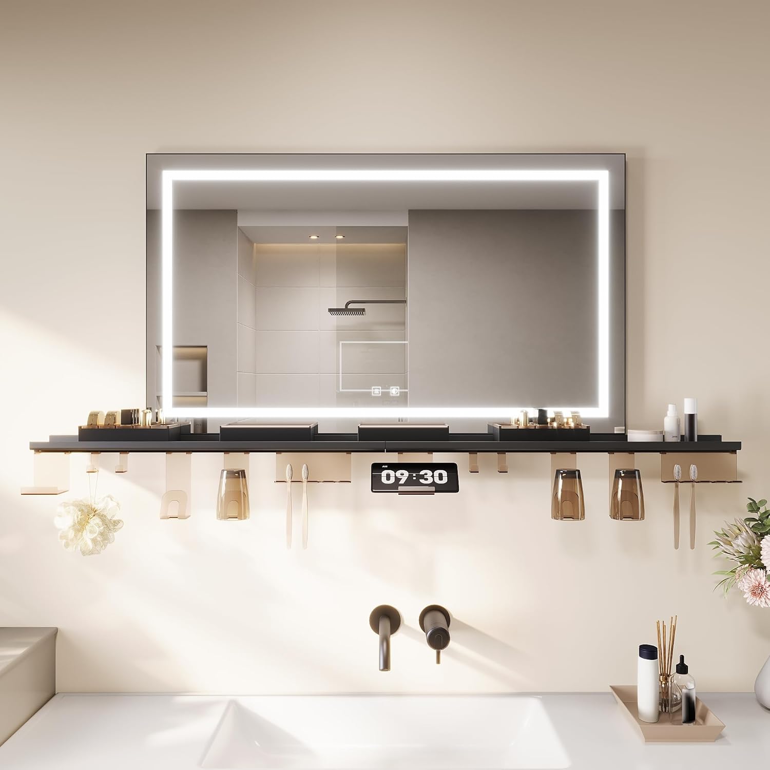 SONNI Badspiegel mit Beleuchtung 100x60cm +  Ablage, Touch Badezimmerspiegel 3 Lichtfarben, Anti-Beschlag & Gedächtnisfunktion