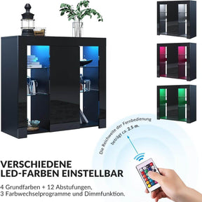 SONNI Kommode Sideboard mit LED Beleuchtung Schwarz Hochglanz Wohnzimmermöbel Wohnzimmerschrank Standschrank