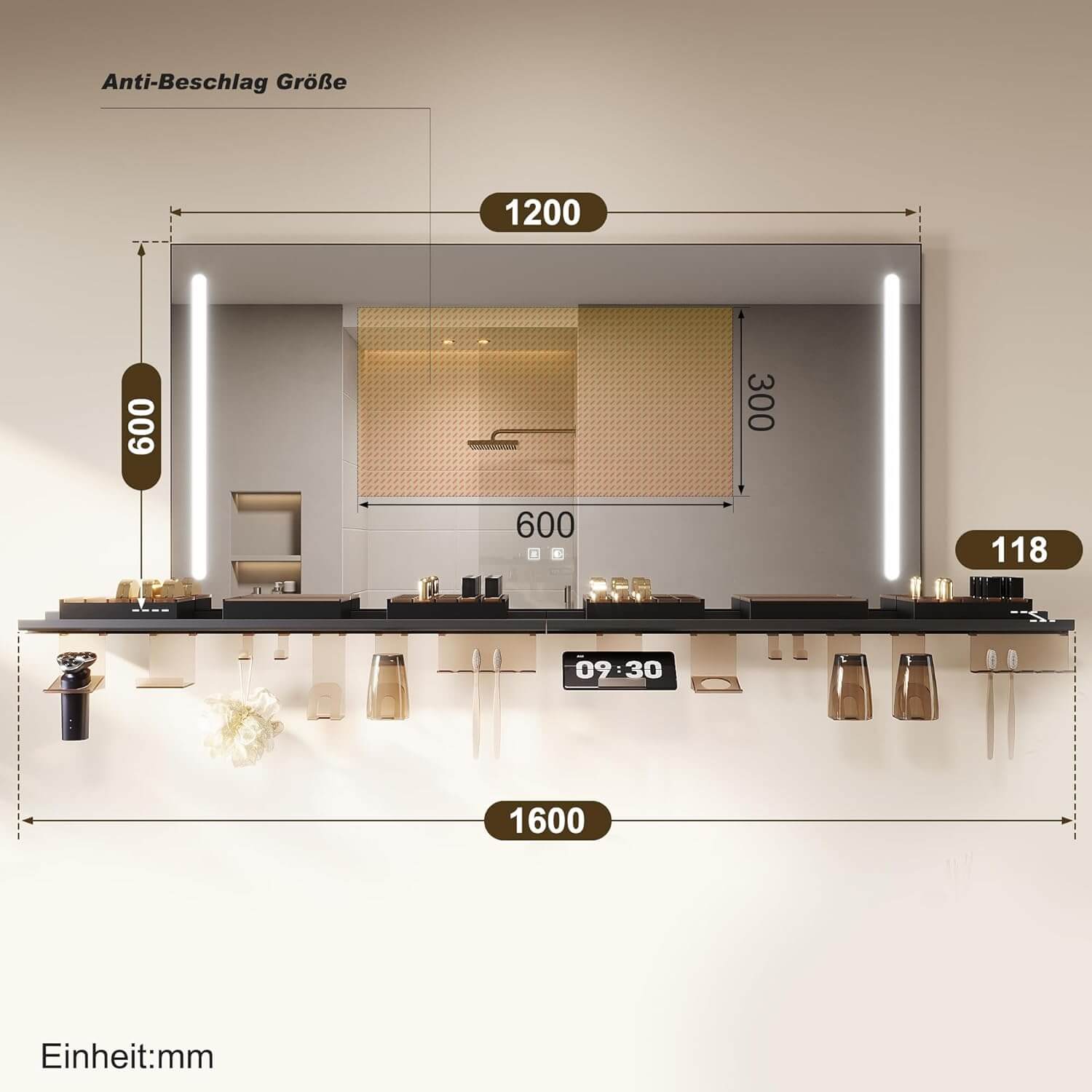 SONNI Badezimmerspiegel mit Beleuchtung 120x60 cm, LED Badspiegel mit Ablage, 3 einstellbare Lichtfarbe, Anti-Beschlag Wandspiegel mit Touchschalter