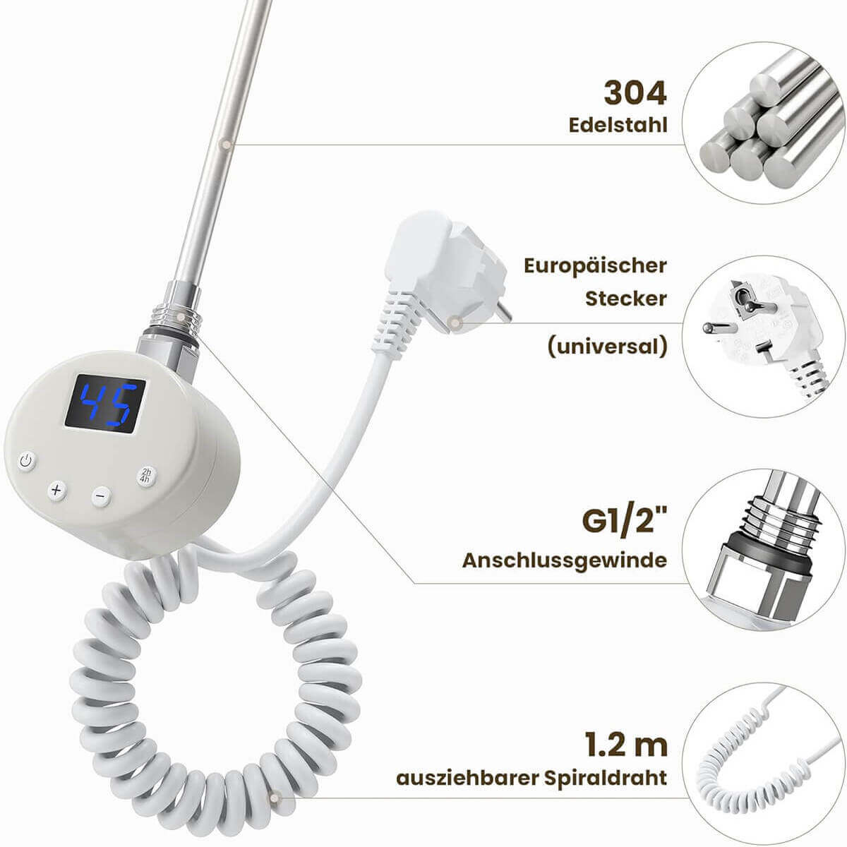 SONNI Heizstab mit Thermostat Weiß, elektrischer Heizstab für Badheizkörper Heizelement für Heizung, Heizrohr aus Edelstahl mit Temperaturregler - Sonni Sanitär GmbH