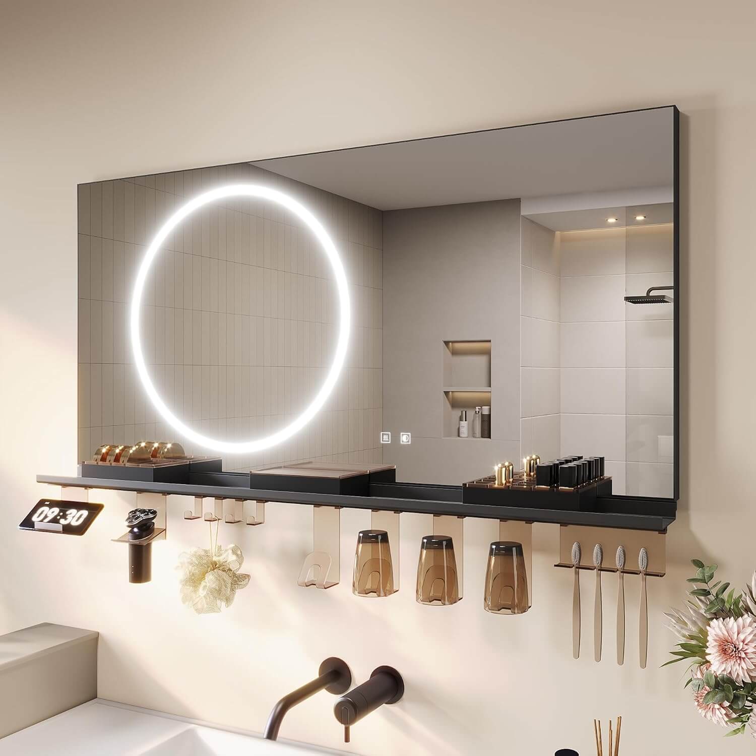 SONNI Badezimmerspiegel mit Beleuchtung 120x60 cm, LED Badspiegel mit Ablage, 3 einstellbare Lichtfarbe + Anti-Beschlag + Touchschalter, Ablage mit Handyhalter + Haken + Zahnbürstenhalte