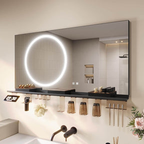 SONNI Badezimmerspiegel mit Beleuchtung 120x60 cm, LED Badspiegel mit Ablage, 3 einstellbare Lichtfarbe + Anti-Beschlag + Touchschalter, Ablage mit Handyhalter + Haken + Zahnbürstenhalte