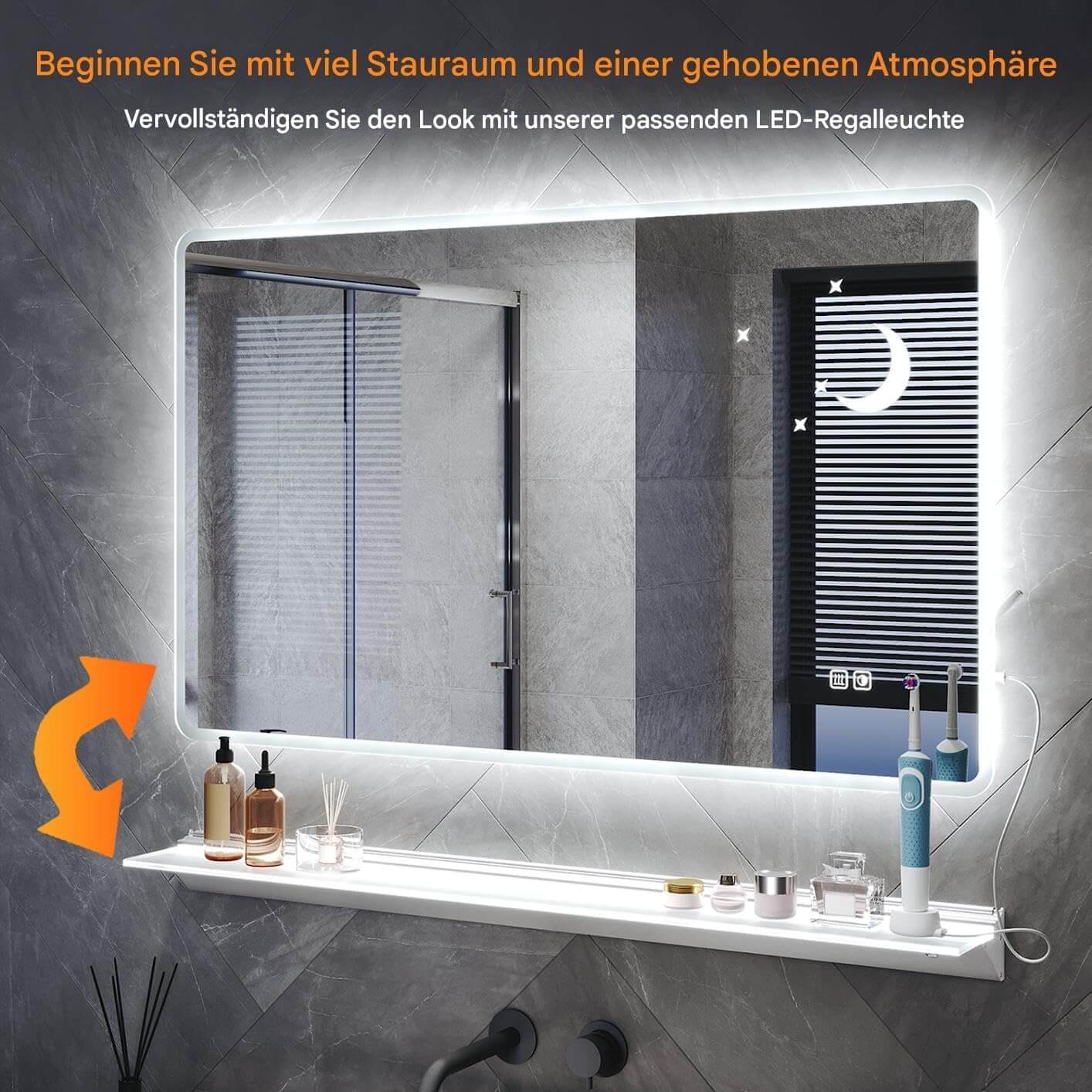 SONNI Badezimmer Spiegel mit Beleuchtung Wandspiegel, Kosmetikspiegel mit modernes Muster, 3 Farbe einstellbar, Steckdose und Antibeschlag, horizontal oder vertikal montierbar - Sonni Sanitär GmbH