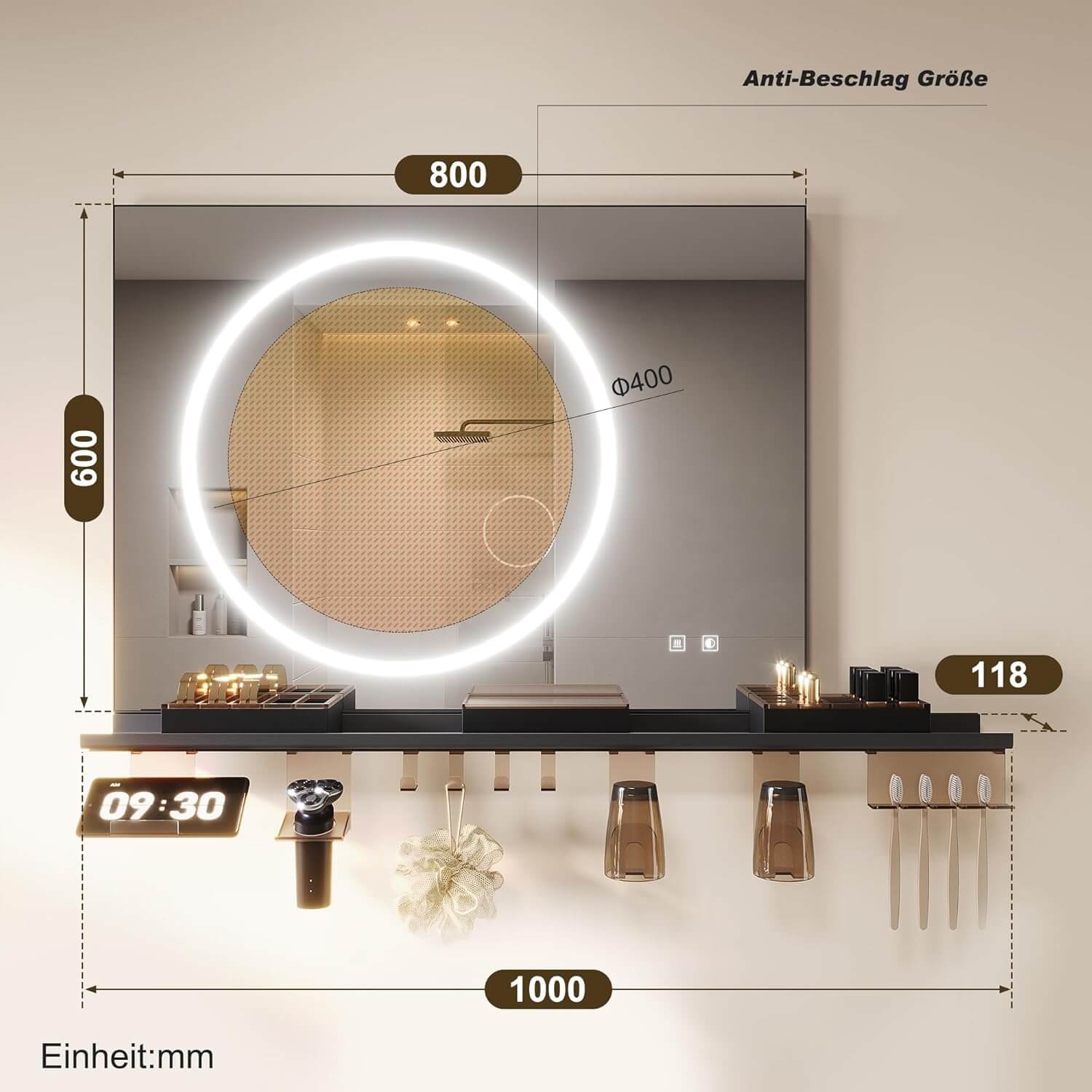 SONNI Badezimmerspiegel mit Beleuchtung 80x60 cm, LED Badspiegel mit Ablage , 3 einstellbare Lichtfarbe + Anti-Beschlag + Touchschalter, Ablage mit Handyhalter + Haken + Zahnbürstenhalter