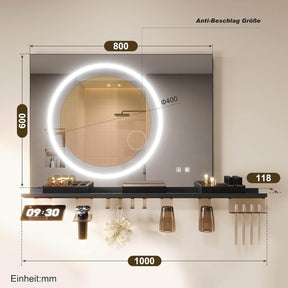 SONNI Badezimmerspiegel mit Beleuchtung 80x60 cm, LED Badspiegel mit Ablage , 3 einstellbare Lichtfarbe + Anti-Beschlag + Touchschalter, Ablage mit Handyhalter + Haken + Zahnbürstenhalter