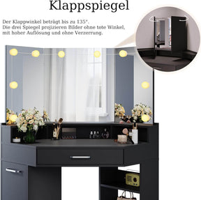 SONNI Eck Schminktisch mit Dreifachspiegel, 111x54x141.5cm, Kosmetiktisch mit Großer Schubladen, Auszugsschrank, Regale, 3 Offene Fächer, Moderner Frisiertisch für Schlafzimmer
