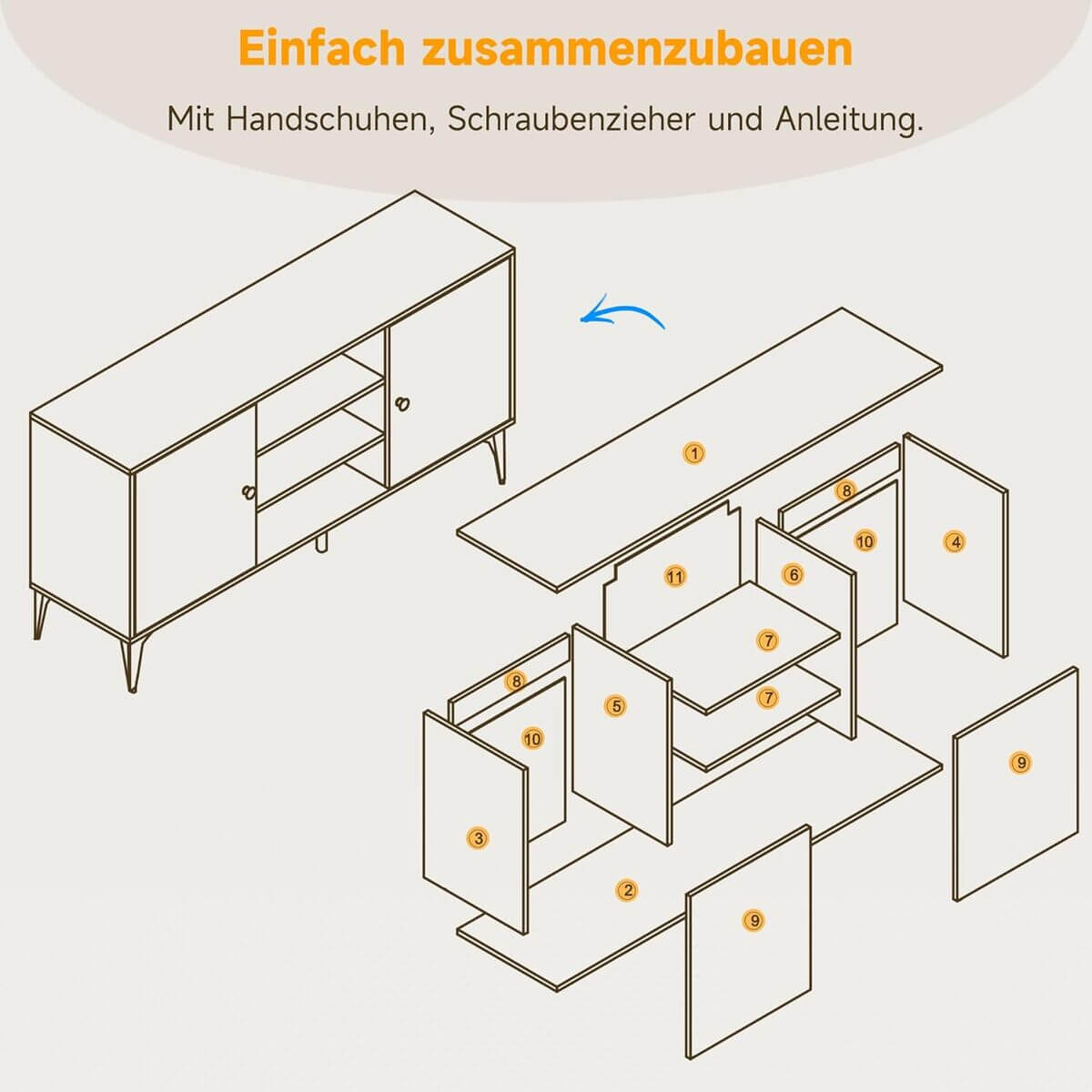 SONNI TV-Schrank, Fernsehtisch, TV-Regal, Lowboard für TV 60 Zoll, mit 2 Schränken, 3 offenen Fächern, 2 Kabellöcher, Metallfüße, für Wohnzimmer, Esszimmer und Schlafzimmer,135x35x70cm, Holzfarbe