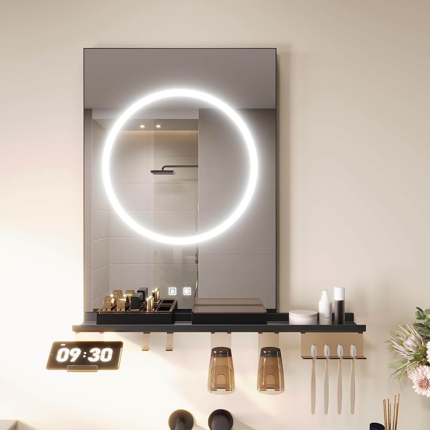 SONNI Badezimmerspiegel mit Beleuchtung 50x70 cm, LED Badspiegel mit Ablage, 3 einstellbare Lichtfarbe + Anti-Beschlag + Touchschalter, Ablage mit Handyhalter + Haken + Zahnbürstenhalter