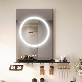 SONNI Badezimmerspiegel mit Beleuchtung 50x70 cm, LED Badspiegel mit Ablage, 3 einstellbare Lichtfarbe + Anti-Beschlag + Touchschalter, Ablage mit Handyhalter + Haken + Zahnbürstenhalter