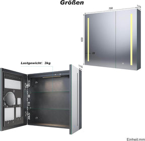 SONNI Spiegelschrank Bad mit Beleuchtung und Make-up Ablage 70x65 cm, Steckdose & 3-fache Vergrößerungsspiegel, 3 Lichtfarben, Dimmbar - Dunkelgrau - Sonni Sanitär GmbH