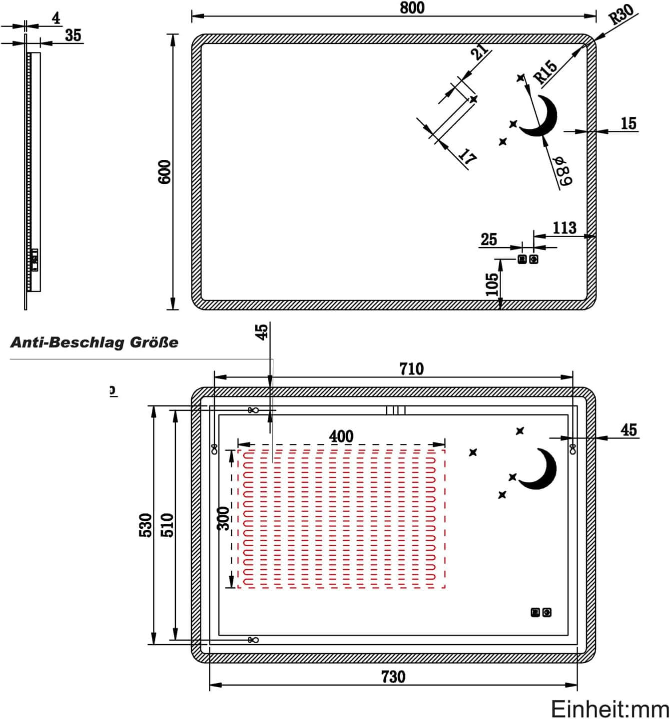 SONNI Badezimmer Spiegel mit Beleuchtung Wandspiegel, Kosmetikspiegel mit modernes Muster, 3 Farbe einstellbar, Steckdose und Antibeschlag, horizontal oder vertikal montierbar - Sonni Sanitär GmbH