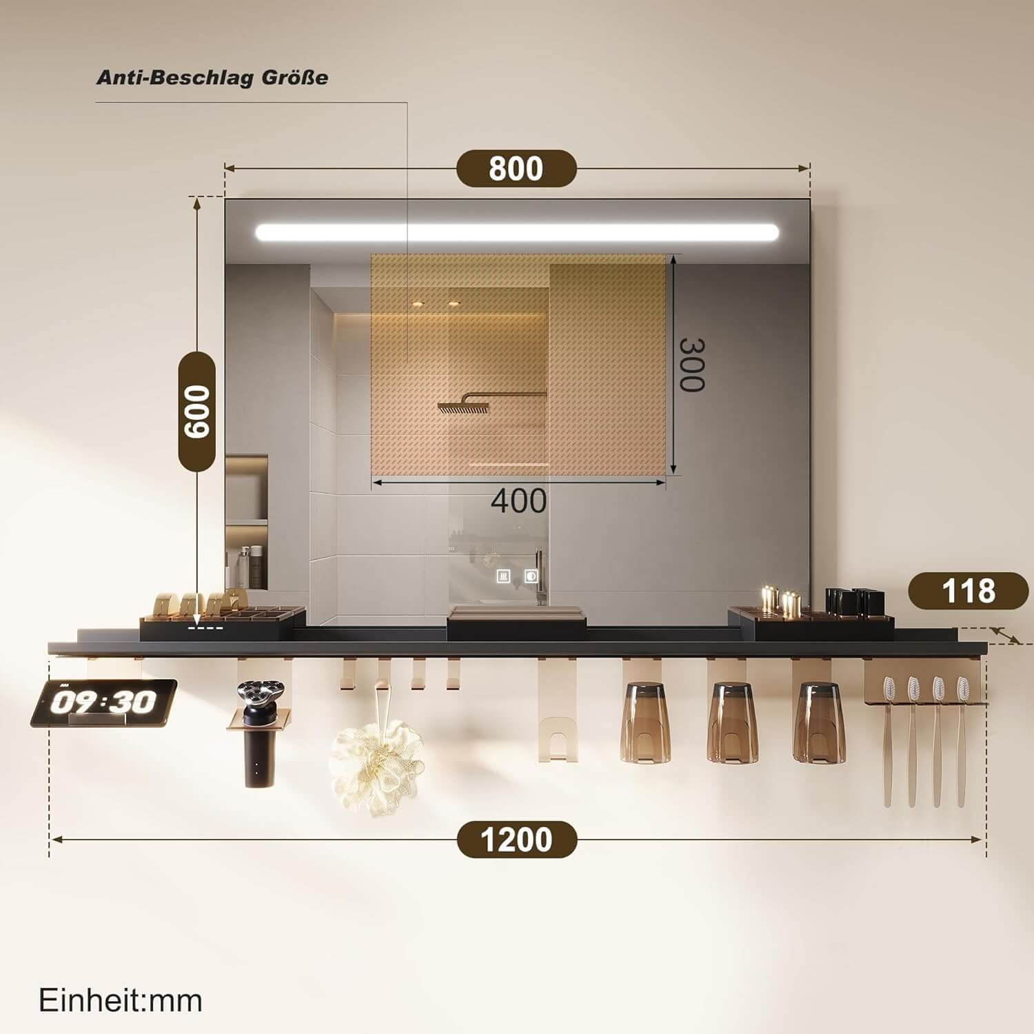 SONNI Badezimmerspiegel mit Beleuchtung 80x60 cm, LED Badspiegel mit Ablage, 3 einstellbare Lichtfarbe, Anti-Beschlag Wandspiegel mit Touchschalter