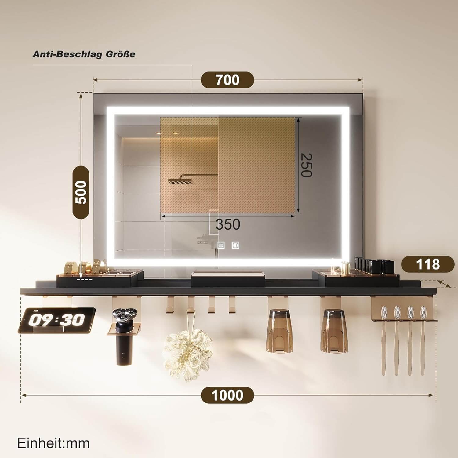 SONNI Badspiegel mit Beleuchtung 70x50cm + Ablage, Touch Badezimmerspiegel 3 Lichtfarben, Anti-Beschlag & Gedächtnisfunktion