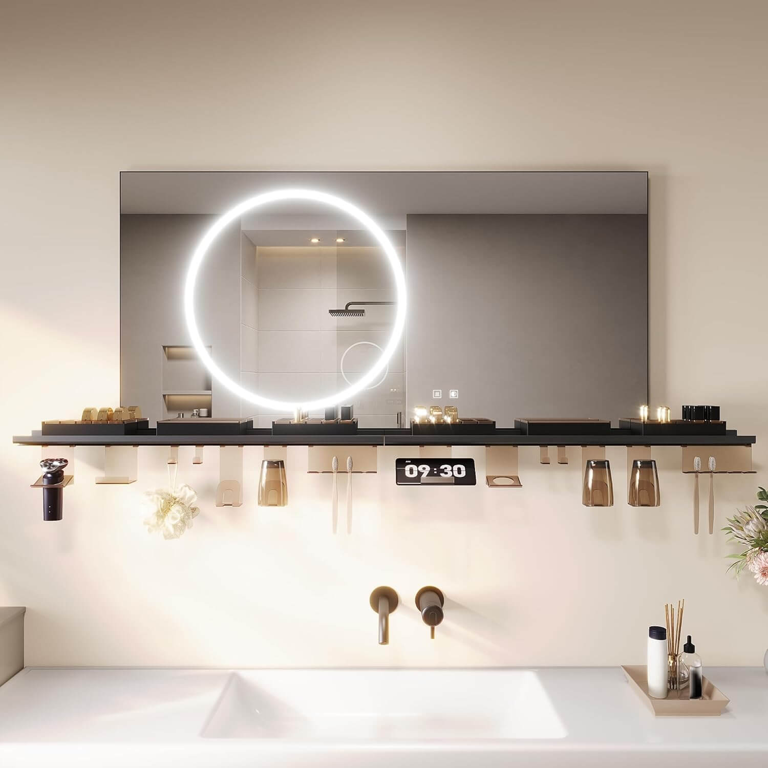 SONNI Badezimmerspiegel mit Beleuchtung 120x60 cm, LED Badspiegel mit Ablage, 3 einstellbare Lichtfarbe + Anti-Beschlag + Touchschalter, Ablage mit Handyhalter + Haken + Zahnbürstenhalte