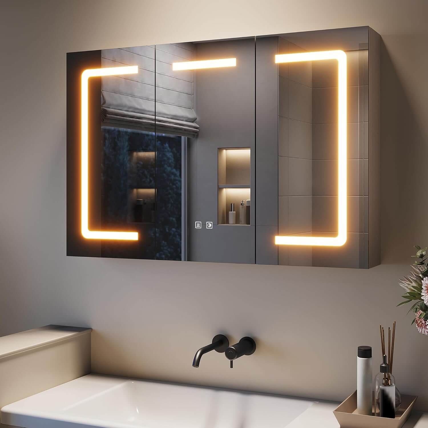 SONNI 3 Türiger Spiegelschrank Bad mit Beleuchtung LED Badezimmer Spiegelschrank mit Anti-Beschlag, Steckdose, 3 Lichtfarben, Dimmbar, Vollständig Montiert - Sonni Sanitär GmbH