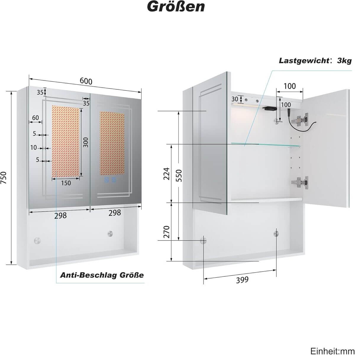 SONNI Spiegelschrank mit Beleuchtung 3 Lichtfarbe Einstellbarn und Beschlagfrei 2 Türiger Spiegelschrank mit Entwicklungszone und Steckdose 60x75 cm weiß