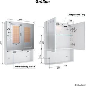 SONNI Spiegelschrank mit Beleuchtung 3 Lichtfarbe Einstellbarn und Beschlagfrei 2 Türiger Spiegelschrank mit Entwicklungszone und Steckdose 60x75 cm weiß