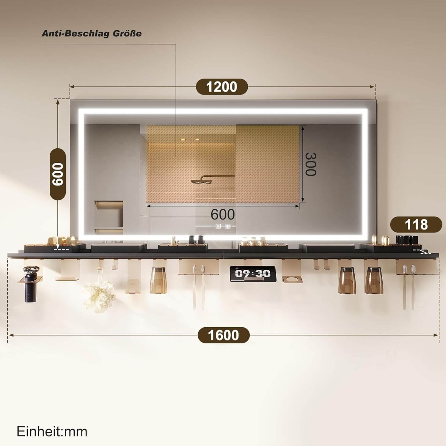 SONNI LED Badspiegel 120x60cm + Ablage, Touch Spiegel mit Beleuchtung, 3 Lichtfarben, Anti-Beschlag & Memory, Ablage mit Handyhalter + Haken + Zahnbürstenhalter + Becherhalter