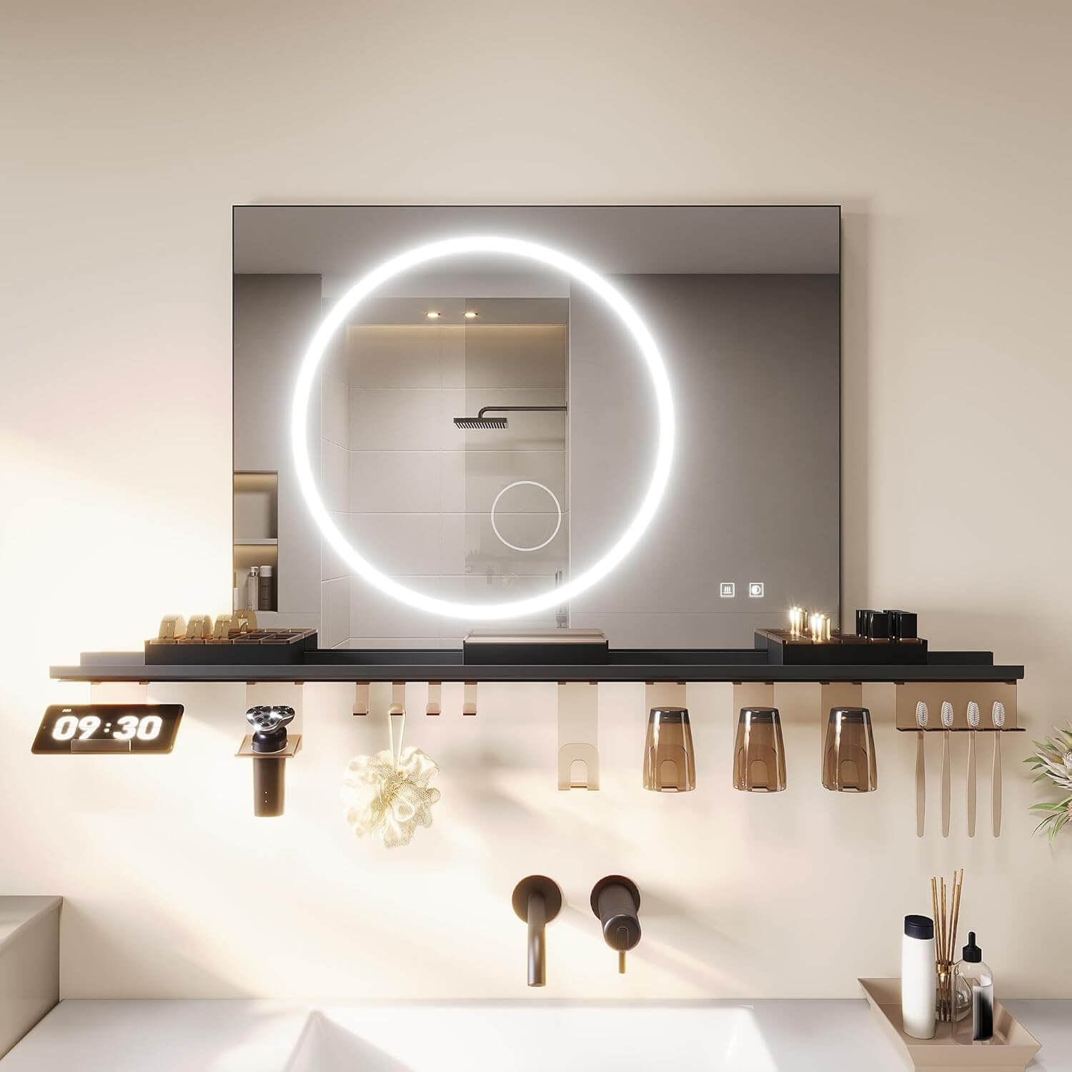 SONNI Badezimmerspiegel mit Beleuchtung 80x60 cm, LED Badspiegel mit Ablage , 3 einstellbare Lichtfarbe + Anti-Beschlag + Touchschalter, Ablage mit Handyhalter + Haken + Zahnbürstenhalter